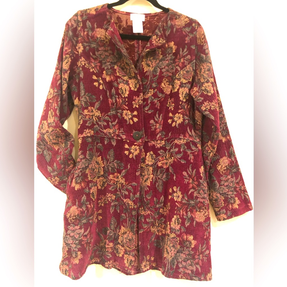 Soft Surroundings floral tapestry burgundy jacket
